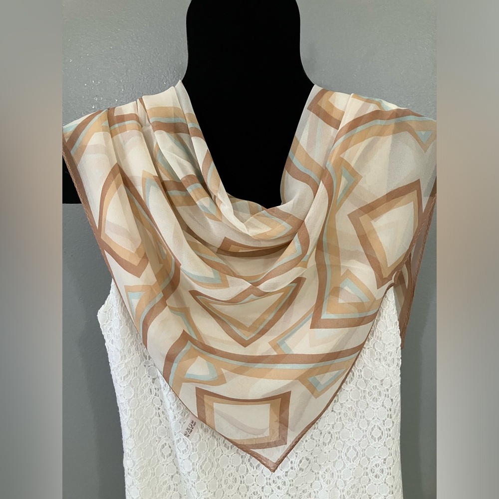 100% Silk scarf geometric pattern camel cream teal
